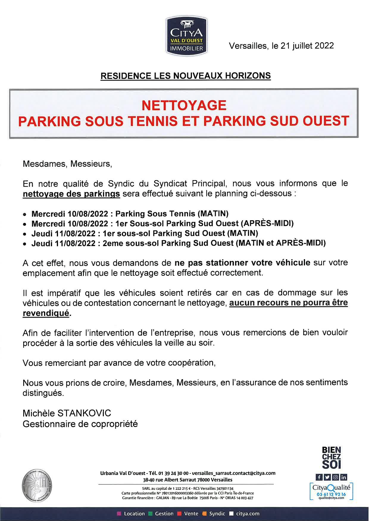 Note nettoyage parkings